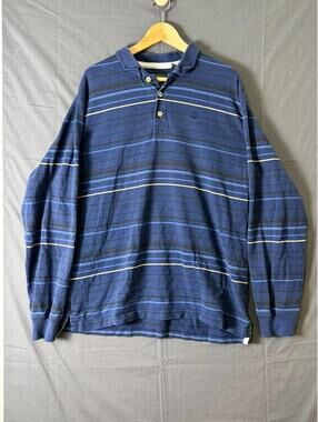 Timberland Striped Long Sleeve Polo Shirt Blue Beige Tree Logo Casual Top Size X
